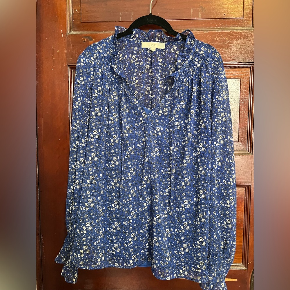 LOFT Blue Floral Ruffled V-Neck Blouse
